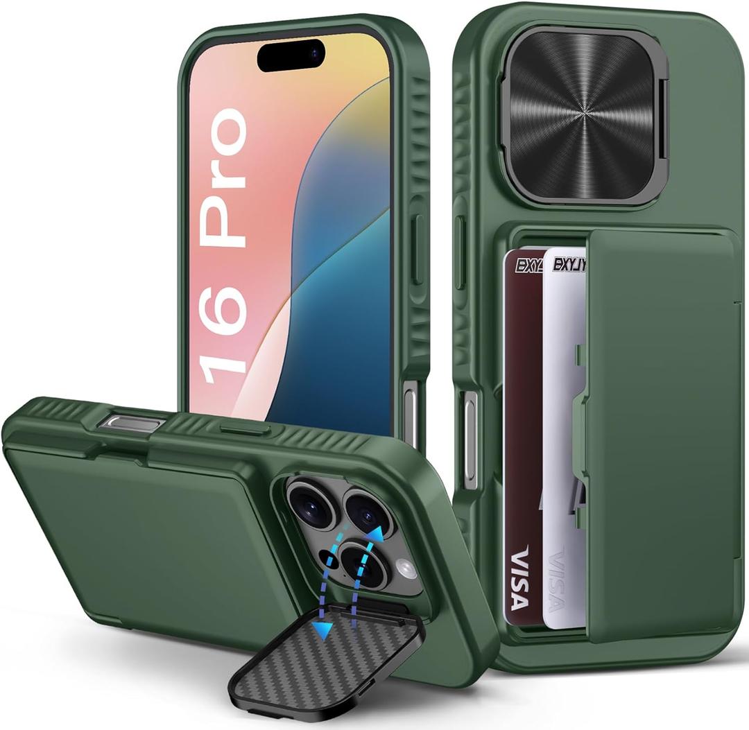 BXYJY for iPhone 16 Pro Wallet Case with Stand, Built-in Credit Card Holder (4-5 Cards), Protective Camera Cover, Military Grade Protection, Rugged Heavy Duty Men Women Case for iPhone 16Pro, Green