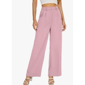 Women Office Wide High Waist Pants Loose Fit Elastic Waist Pleated Front Trousers for Work Casual, Large