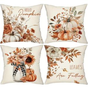 Fall Pillow Covers 18x18 Set of 4, Pumpkin Sunflower Decorative Holiday Autumn Harvest Throw Pillow Case for Soft Living Room Bedroom Decor (Style 01)
