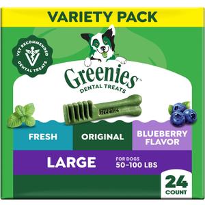 Greenies Dog Treats, Veterinarian-Recommended Natural Dental Dog Treats, Large Size, Variety Pack Flavor, (3) 12 oz. Packs, 24 Count (EXP 09/30/27)