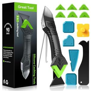 Caulking Tool 5 in 1 Silicone Caulking Grout Removal Sealant Finishing Tool with Grout Scraper, 6 Exchange Silicone Pads, Adhesive Residue Scraper Seam Repair Kit for Kitchen Bathroom