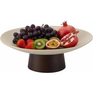 Modern Ceramic Pedestal Fruit Bowl, High-Fired Stoneware Shallow Serving Bowl with Wooden Base, Elevated Decorative Fruit Tray for Kitchen Counter Entryway Table Dining Centerpiece