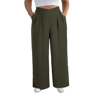 Eytino Womens Plus Size Wide Leg Pants Crossover Waist Pleated Front Casual Work Pants Lounge Trouser with Pockets(5X) (Green)