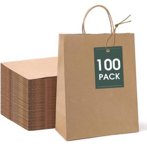 GSSUSA 10x5x13 100Pcs Brown Paper Bags with Handles, Bulk Shopping Grocery Paper Bags, Party Favor, Retail, Small Business, Packaging, Merchandise, Boutique, Wedding