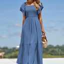 MASCOMODA Womens Summer Casual Midi Dress Square Neck Ruffle Short Sleeve Smocked High Waist A Line Wedding Guest Dresses (S)