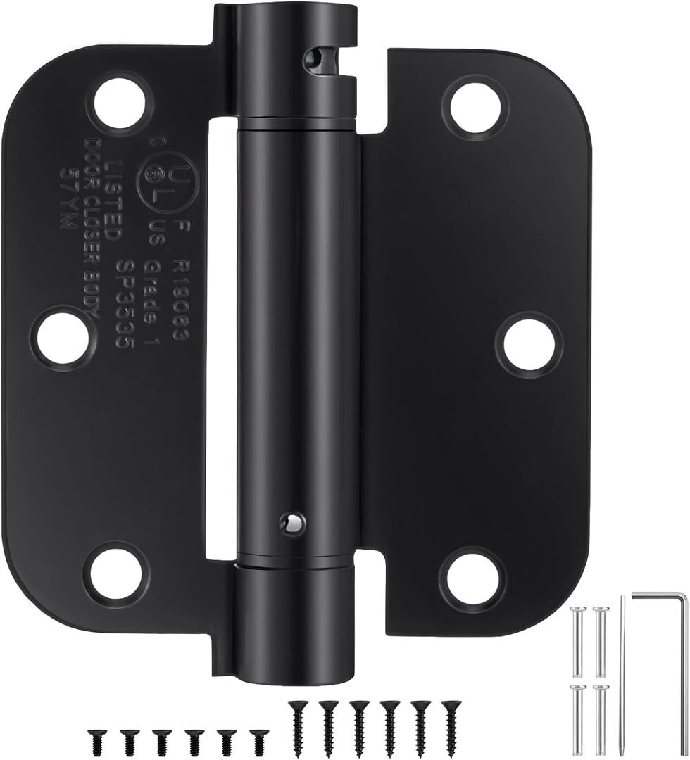 3 Pack | Self Closing Door Hinges 3.53.5, HBL' Automatic Door Closer Hinges with 5/8" Radius Corners, Adjustable Spring Door Hinge for Home, Garage & Basement Doors. (Black)