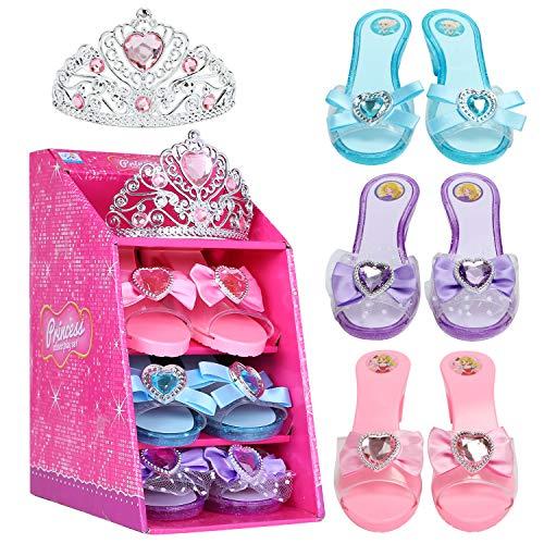 Mastom Girls Play Set! Princess Dress Up Shoes and Tiara (3 Pairs of Shoes + 1 Tiara) Role Play Collection Fashion Princess Shoe for Little Girls
