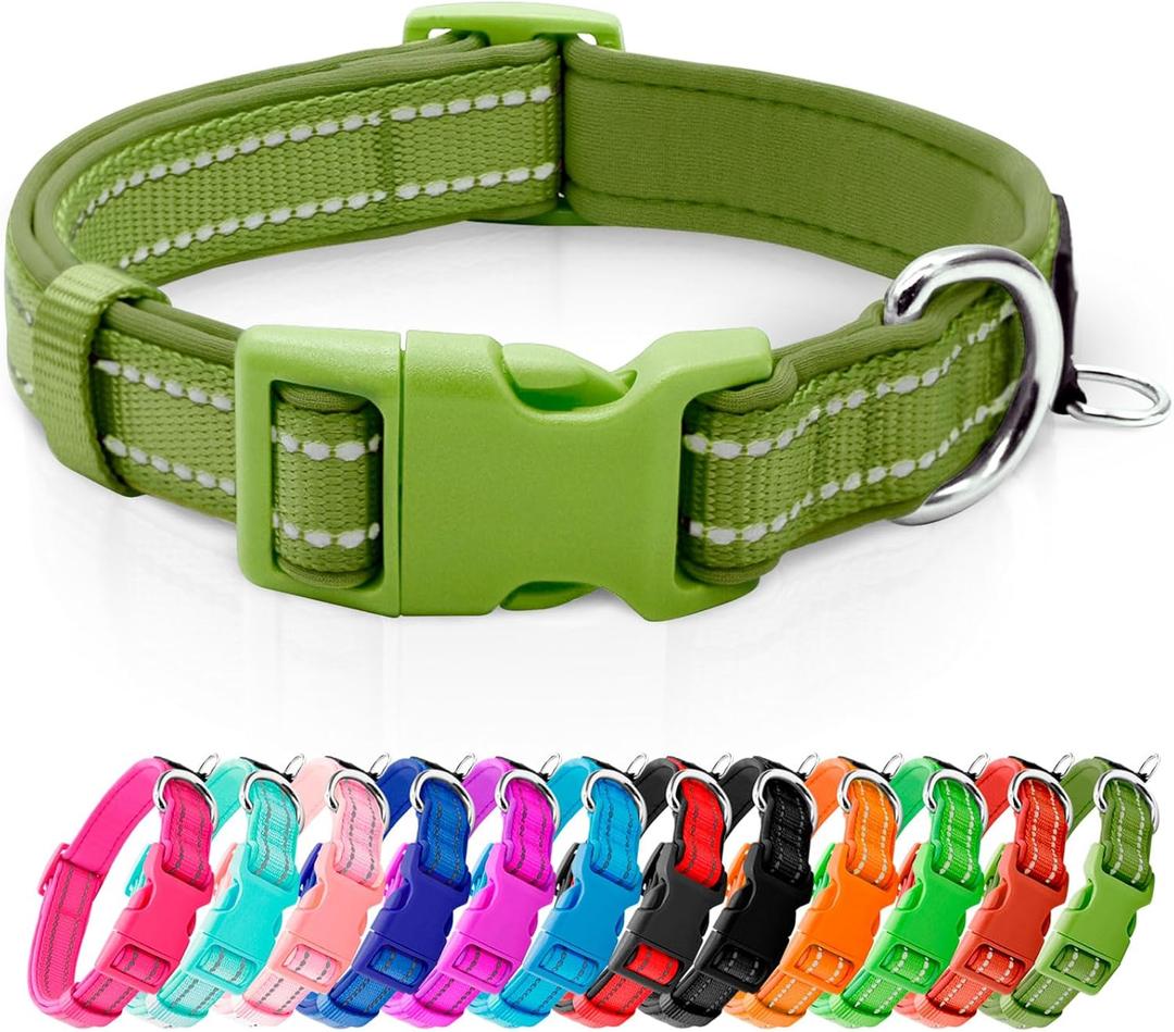 azuza Reflective Dog Collar, Soft Neoprene Padded Pet Collar with ID Tag Ring, Adjustable for Small Dogs,Army Green,S (Small (Pack of 1))