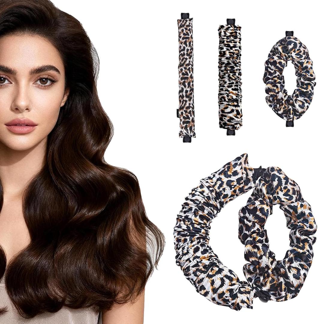 3 x Heatless Curls Overnight Hair Curler Set, Heatless Hair Curlers to Sleep In with Detachable & Interchangeable Rod Sizes, No Heat No Damage, Create Natural Waves, Suitable Gifts for Women (Brown leopard print)