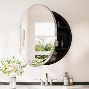 Keonjinn 30 in Round Brushed Nickel Medicine Cabinets for Bathroom with Mirror, Circle Surface Mount Metal Frame Medicine Cabinet, Farmhouse Bathroom Cabinet with Vanity Mirror Detachable Shelves