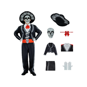 Day Of The Dead Costume for Men Mariachi Suit Adults Dia De Los Muertos Costumes Mask with Hat for Halloween Cosplay, XL