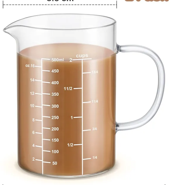 Roshtia1 Pcs 1Cup 500 ML Glass Measuring Cup with Insulate Handle V Shaped Spout High Borosilicate Glass Measuring Beaker 3 Scales (OZ, Cup, ML/CC) for Kitchen Restaurant Home, Easy to Read, 16 OZ