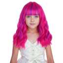 Kids Hot Pink Mixed Purple Wig Child Short Pink Purple Wig with Air Bangs Short Wavy Curly Wigs for Girls Heat Resistant Synthetic Wigs with Cap