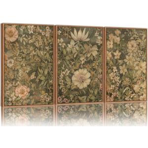 SIGNINART Vintage Floral Framed Canvas Wall Art Set of 3, Mid Century Modern Wildflower Wall Decor, Neutral Botanical Artwork, Retro Plant Art Prints for Bedroom, Living Room, Office 24"x36"