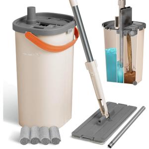 Mop and Bucket with Wringer Set for Home, 3-Chamber Separate Dirty Clean Water Flat Spin Mop and Bucket Set for Wet Dry Floor Wall Mops Hands Free Automatic Clean 60in Handle with 4 Microfiber Pads