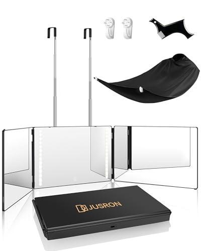 JUSRON 360 Viewing Angle Self Hair Cutting Mirror, Clear Anti-Fog HD Glass (Black with LED with Accessories)