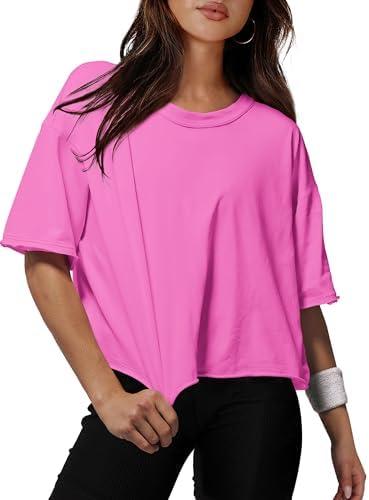 XIEERDUO Cotton Tshirts for Women Drop Shoulder Round Neck Oversized Crop Tops Workout Tops Tees.L