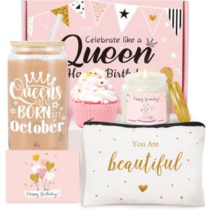 Birthday Gift Basket for Women, Funny Happy Birthday Glass Cup Tumbler for her, Girlfriend, Friends, Wife, Mom, Bestie, Daughter, Sister, Women Queens Unique Gifts Ideas for Box (October)