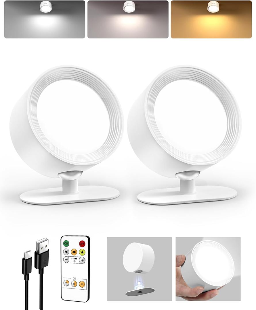 LED Wall Mounted Lights, Rechargeable Wall Sconces Lamp, 3 Color Temps & Remote and Touch, 360Rotation Dimmable Cordless Wall Light for Study Bedroom Reading Bedside(White, 2 Pack)
