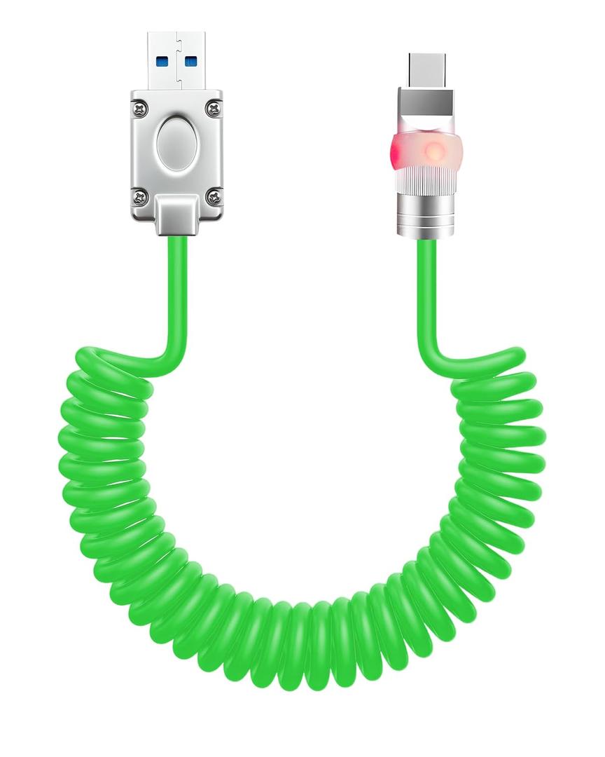 chubbycable Neon Chubby Neon Glow Coiled USB C Cable for Car 100W Fast Charging Spring Cable with Gradient Illumination Compatible with iPhone 17-15 Series, Green, USB-A to Type-C, 1.64FT-4.43FT