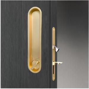 Gold Pocket Door Lock and Pull Handle - 2-in-1 Privacy Lock for Bedroom, Bathroom, Office | No Keyhole, Hidden Screws, Fits 1-3/8 to 1-3/4 Inch Solid Wood Doors