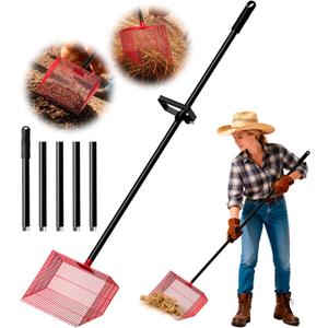 Chicken Poop Scooper with 12" Wide Heavy Duty Litter Shovel and Adjustable 2573" Steel Handle, Multi-Section Detachable Pole Poop Rake for Easy Chicken Coop Cleaning, Durable Metal Accessories