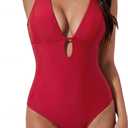 SUUKSESS Women One Piece Tummy Control Swimsuit Deep V Neck Cutout Bathing Suit (Large, Red)