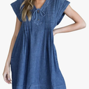 Denim Dress for Women Tie Front V Neck Cap Sleeves Cute Swing A Line Pleated Mini Jean Dress, M, Dark Blue