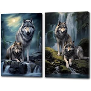 Animal Canvas Wall Art Wolf Couple Picture Wall Decor Wildlife Wolves Animals Painting Prints for Dining Room Decor Framed(Animal-4,16x24inchx2 Pieces (40x60cmx2 Pieces))