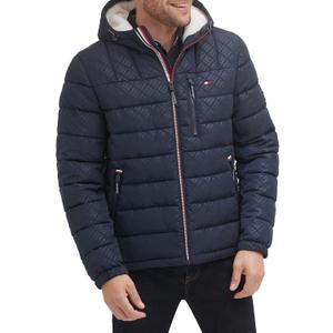 Tommy Hilfiger Men's Midweight Sherpa Lined Hooded Water Resistant Puffer Jacket (Small, Tommy Logo Tech Navy)