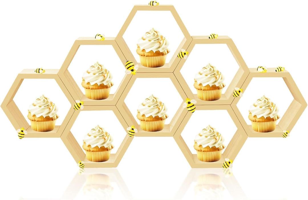 8 Pcs 4.13 Inch Honeycomb Cupcake Stand Cake Farmhouse Hexagon Display Holder Hexagonal Wood Cupcake Stand Floating Table Sign with Wooden Bee for Wedding Baby Shower Birthday Party Table Decorations (Original)