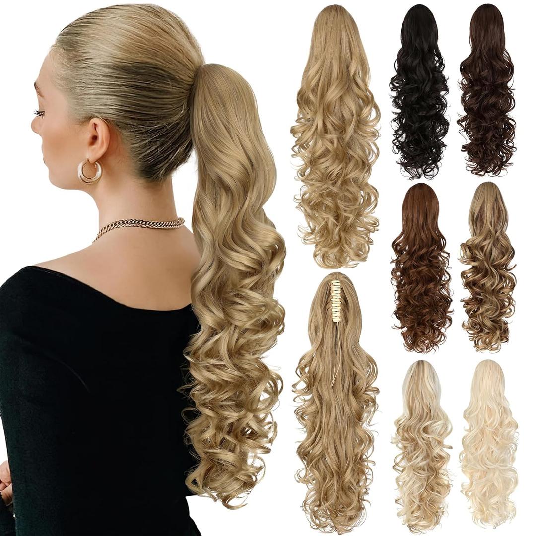Ponytail Extension, 24" Claw Clip Ponytail Extension Long Curly Wavy Pony Tails Hair Extensions Synthetic Clip in Ponytail Hairpiece for Women Daily - Ash Blonde
