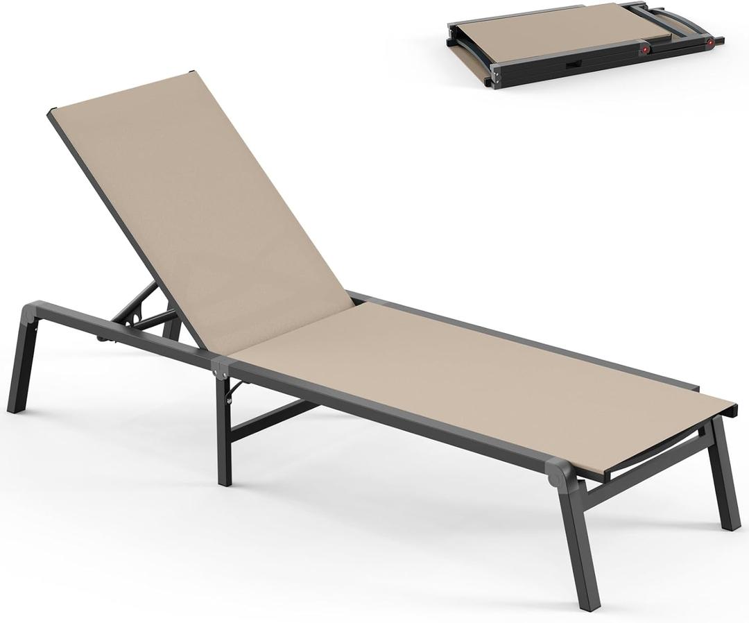 Foldable Lounge Chair Outdoor, Aluminum Pool Lounge Chairs with 5 Positions Recliner - No Assembly - Patio Chaise Lounge Chair for Outside, Poolside (Khaki) (1 Pack)