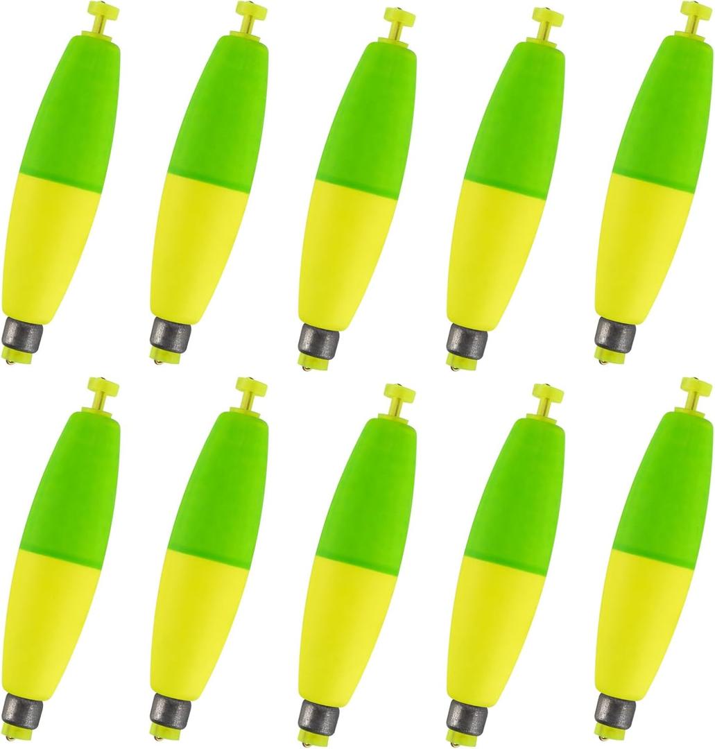 Alwonder 10-Pack Fishing Bobbers Floats, Weighted Bobbers for Fishing EVA Foam Snap-on Floats Corks Floaters Buoys for Crappie Bass Panfish Bluegills Trout (2.2IN - 7/32OZ, Yellow&Green)