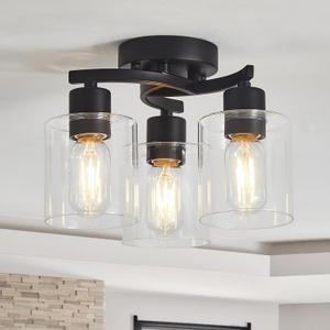 3-Light Ceiling Light, Semi Flush Mount Ceiling Light Fixture, Kitchen Lighting Fixtures Ceiling, Farmhouse Black with Clear Glass Shade for Foyer Hallway Entryway