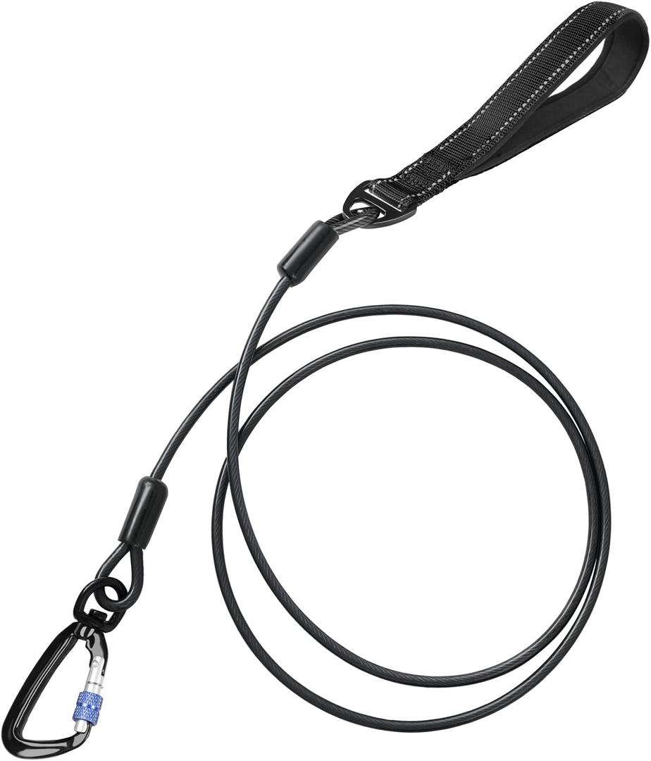 Chew Proof Dog Leash for Medium and Large Dogs, Heavy Duty Metal Cable for Dogs up to 500Lbs, 6 Foot Waterproof Wire Rope with Reflective Comfortable Padded Handle, Black