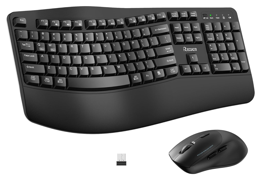 Wireless Keyboard and Mouse Combo,2.4G Full Size Wave Keys Ergonomic Keyboard with Wrist Rest for Natural Typing, 3 DPI Adjustable Ergonomic Silent Mouse for Computer/Laptop/Windows/Mac (Black)