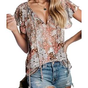 Cnlinkco Women Summer Floral Print Tops Casual Short Sleeve V Neck Shirts Business Dressy Work Navy Khaki M