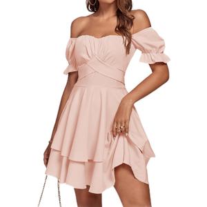 LYANER Women's Tie Back Off Shoulder Wrap Layer Ruffle Short Sleeve Mini Dress (Light Pink, XS)