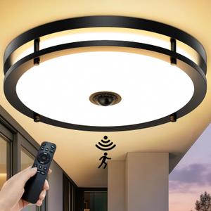 16IN LED Motion Sensor Outdoor Ceiling Light with Remote, 32W Dimmable 2700K/3000K/3500K/4000K/5000K Flush Mount Porch Light, Dusk to Dawn Exterior Lighting Fixtures for Patio, Porch