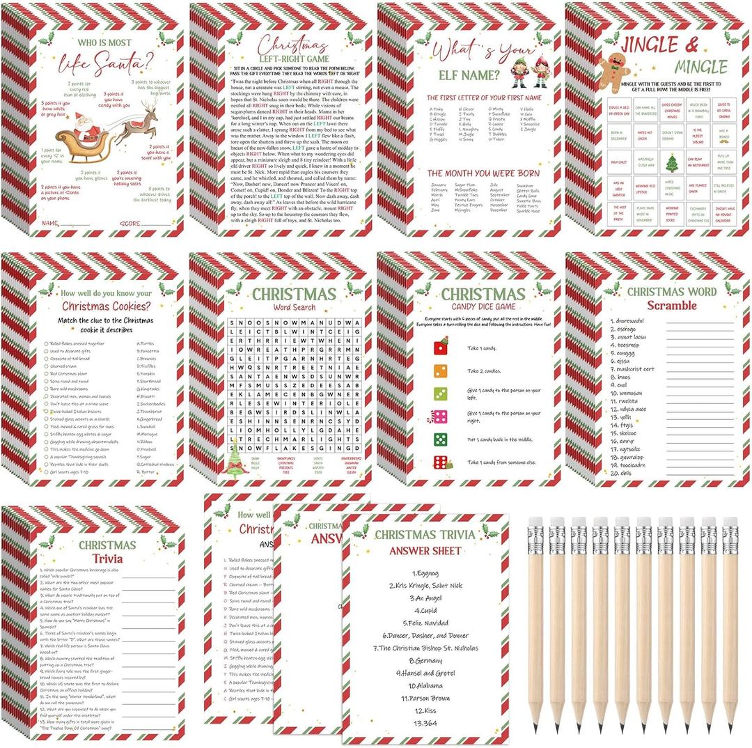 Saypacck 109 Pcs Christmas Trivia Party Game Festival Cards with Pencils Xmas Holiday Guessing Activity for Adult Family Friends Groups Coworkers Annual Festive Events Party Decorations (Classic)