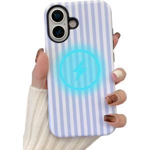 for iPhone 16 Case [Compatible with Magsafe] Striped Phone Case Dual-Layer Protective Shockproof Magnetic Cover for Women Girls - Light Blue