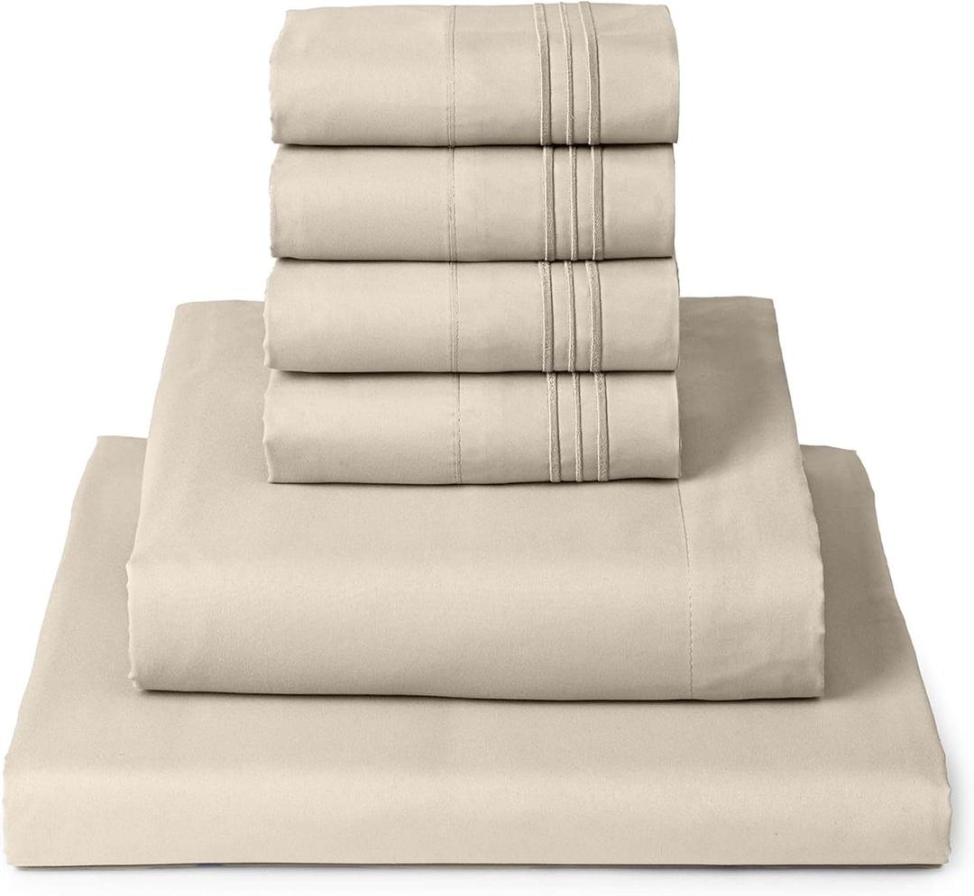Mellanni King Sheet Set - 6-Piece Iconic Collection Bedding, (Including 4 Pillowcases), 16-Inch Deep Pocket, Easy Care, Extra Soft, Cooling Sheets, Brushed Microfiber - Beige