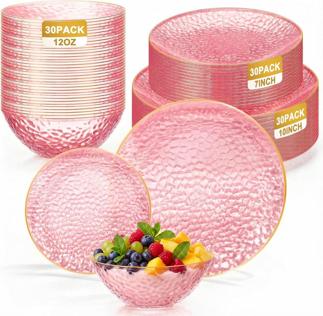 Havawish 90 Pcs Clear Plastic Plates and Bowls Set for 30 Guests Hammered Clear Disposable with Gold Rim Heavy-duty Include 60 Plastic Plates, 30 Bowls for Wedding Birthday Party (Pink)
