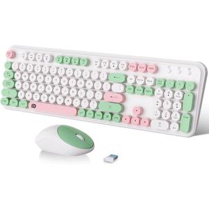 FOPETT 2.4GHz Wireless Keyboard and Mouse Set with Switch Button - Full-Size Keyboard - Compatible for Windows/Laptop/PC/Notebook/Smart TV and More - White Green