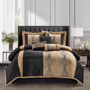 Stratford Park Black and Gold Comforter Set, 7 Pieces Jacquard Bedding Sets with Comforter, Bed Skirt, Pillows & Shams, Queen Size, Lightweight Microfiber, All Season Bedroom Home Dcor
