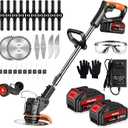 Cordless Weed Wacker with Wheels, 880W Battery Powered Weed Eater with 2 x 21V Batteries, 3-in-1 Electric Grass Trimmer & Brush Cutter with 5 Types Blades, Lightweight Weed Trimmer for Lawn & Garden