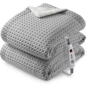 CAROMIO Heated Blanket Throw, Waffle Weave Electric Throw Blanket Fast Heating with LCD Controller, 6 Heat Levels & 4 Hour Auto Shut Off, ETL Certified, Machine Washable, Grey, 50" x 60"