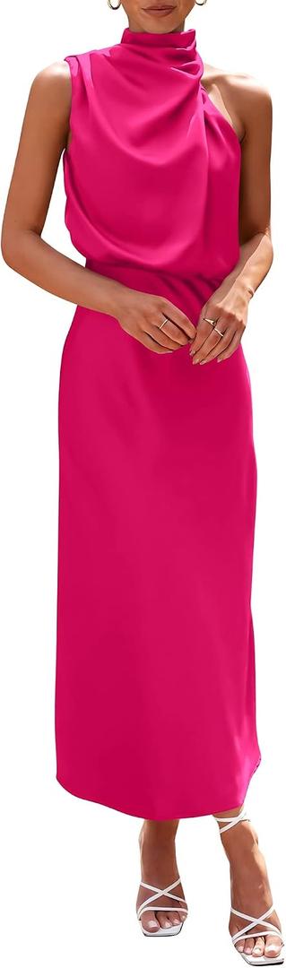 PRETTYGARDEN Women's 2026 Summer Satin Dress Elegant Sleeveless Mock Neck Cocktail Party Maxi Dresses, Medium
