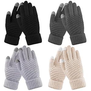 HRUTANE Womens Touch Screen Gloves Winter Warm Knit Fleece Lined Gloves Elastic Cuff Texting Mittens Gifts, 4 pairs Black/ D-grey/ L-grey/ Beige